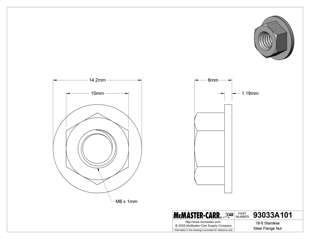 Technical Drawing of 18-8 Stainless Steel Flange Nut, M6 x 1 mm Thread Size.